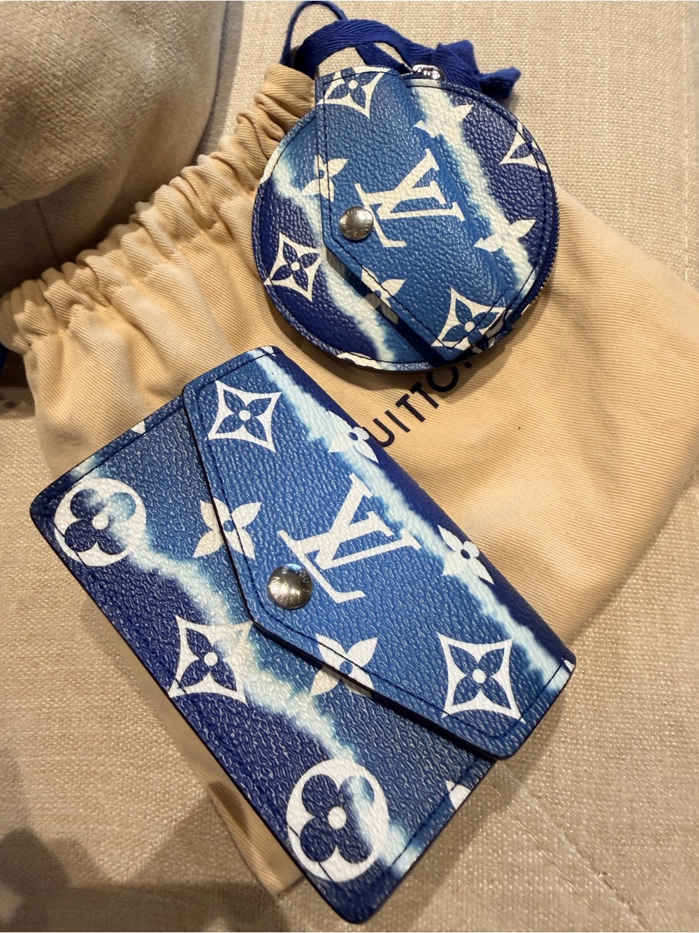 Authentic Louis Vuitton Blue & White Monogram Card Holder + Coin Pouch Belt Acc